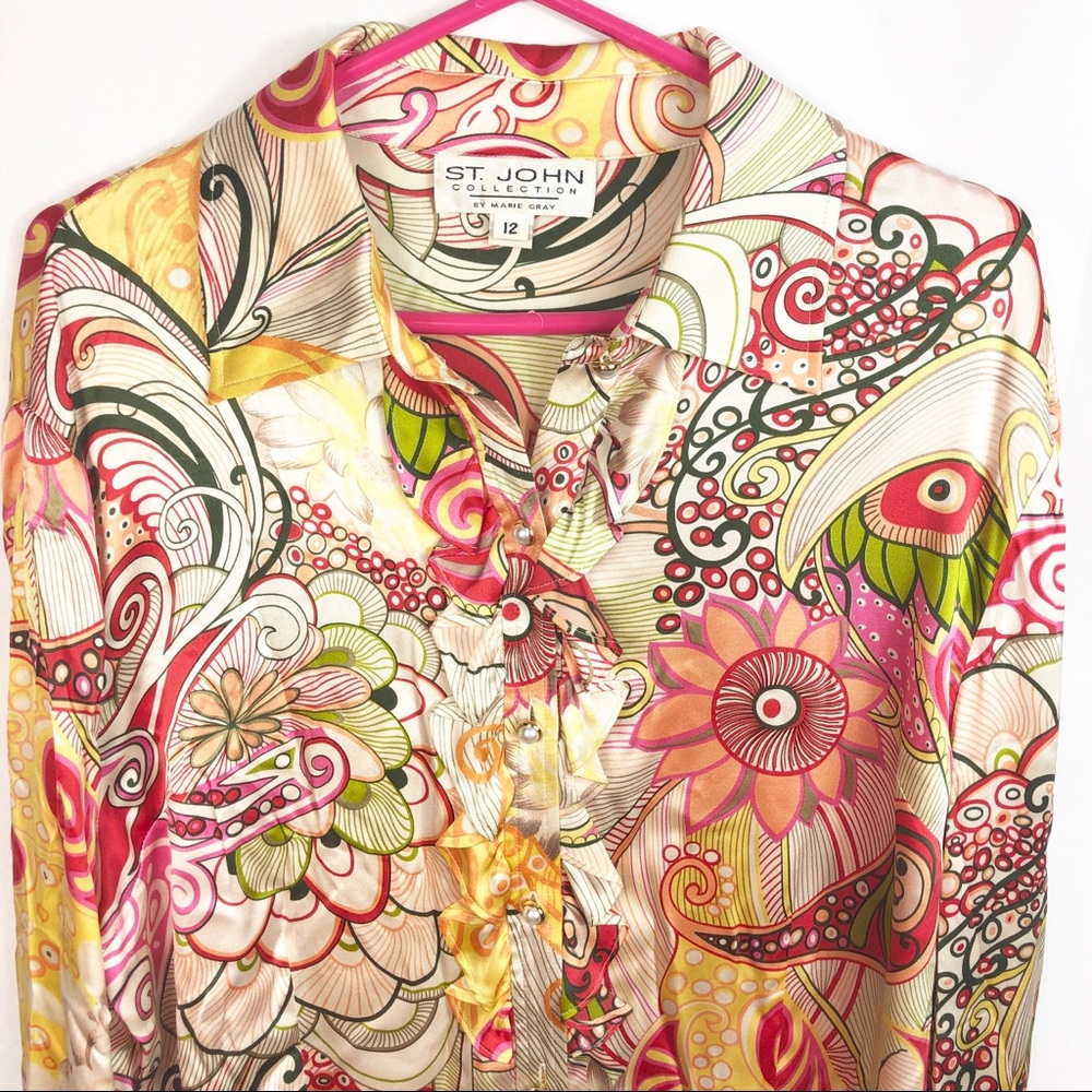 ST. JOHN Blouse Shirt Silk Sheer Floral Women 12